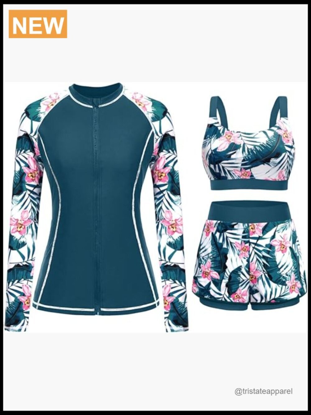 3 Piece Rash Guard Set UPF 50+ Long Sleeve Zip Up Swim Top with Shorts Built-in
